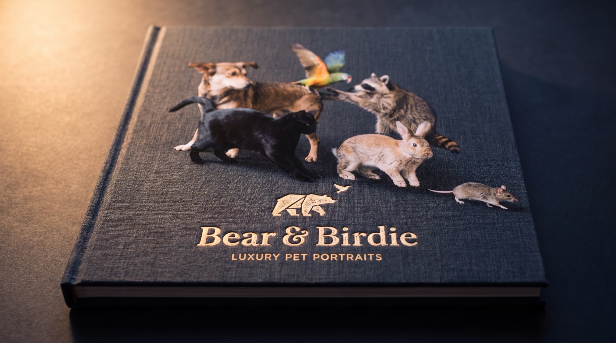 The Bear & Birdie book — black archival linen, gold-foil menagerie