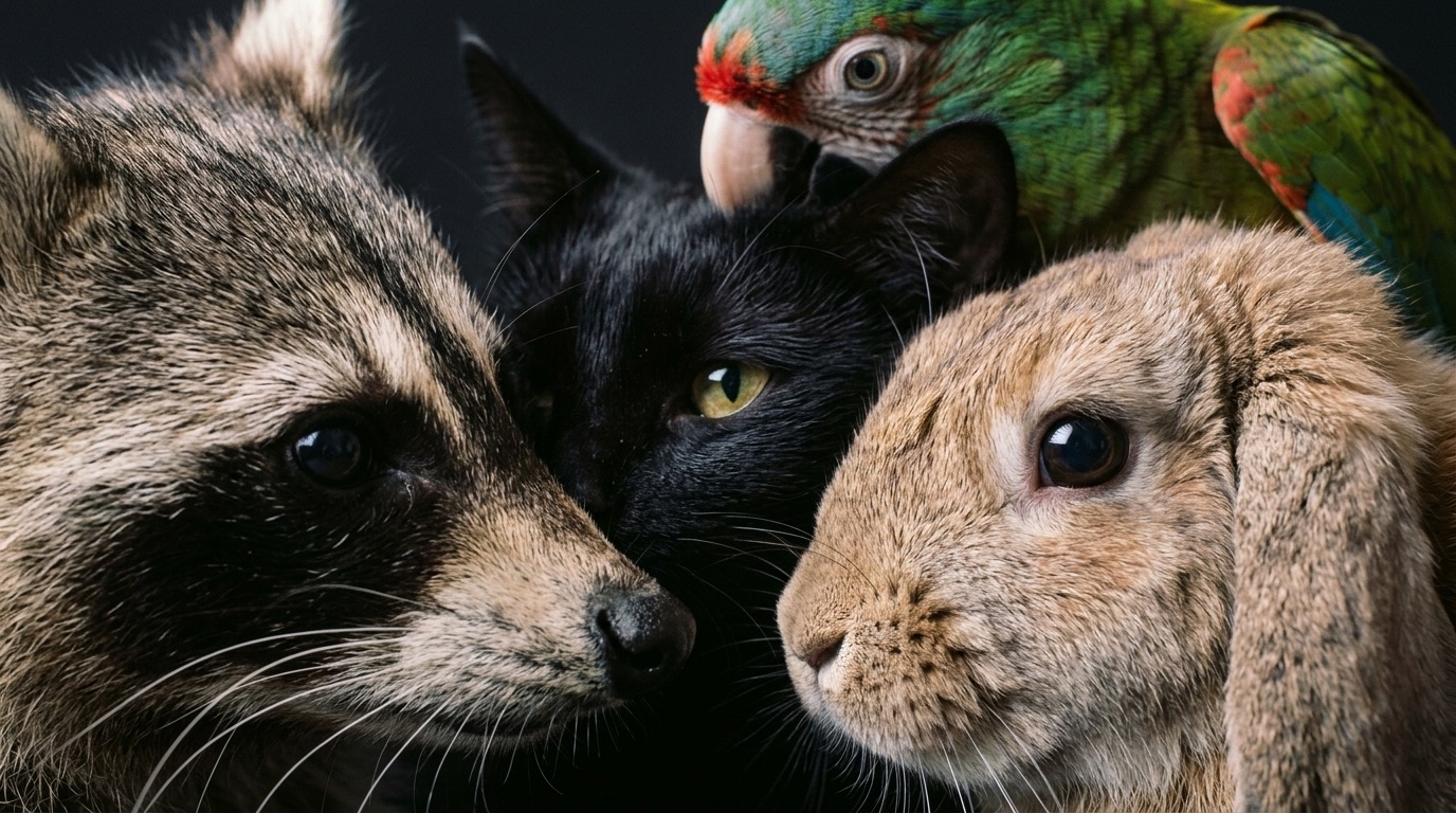 The heroes of Bear & Birdie — a raccoon, a black cat, a parrot and a rabbit in the studio